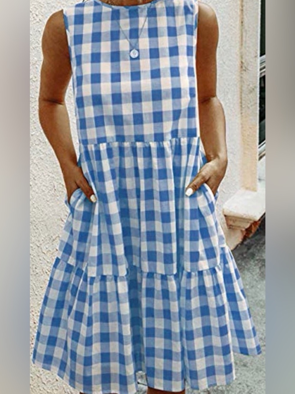 Blue and White Gingham Tiered sleeveless Dress, Size L